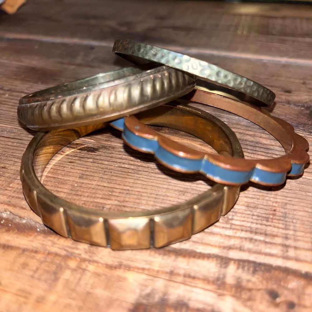 Vintage Boho Brass Bangle Bracelet Stack Studded Scalloped Lot of 5
